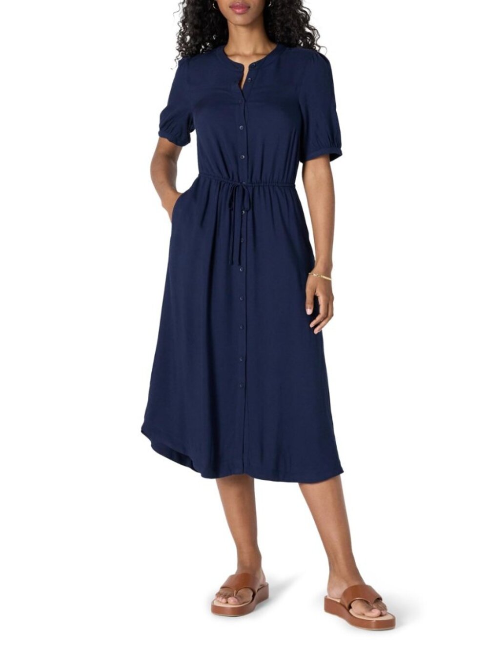 Women's Relaxed Fit Half-Sleeve Breathable Button Front Drawstring Waist Midi